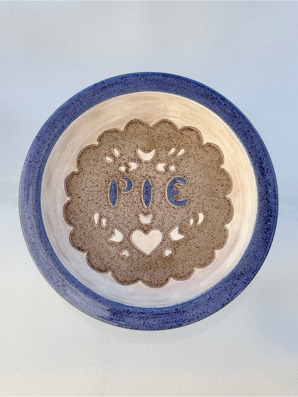 Clay City Pottery Blue Hearts 10” Deep Dish Signed Stoneware Pie Plate